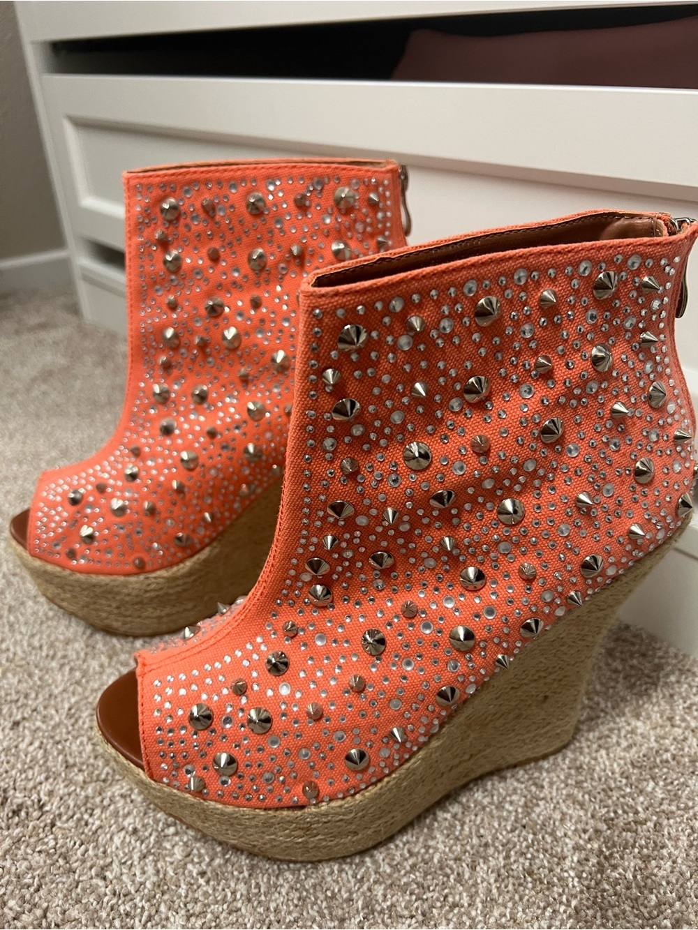 Orange Studded Peep-Toe Wedge Booties